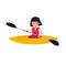 Vector illustration of a asian woman with blue hair floats on a yellow kayak in cartoon style. Young female canoeing and paddle.Â 